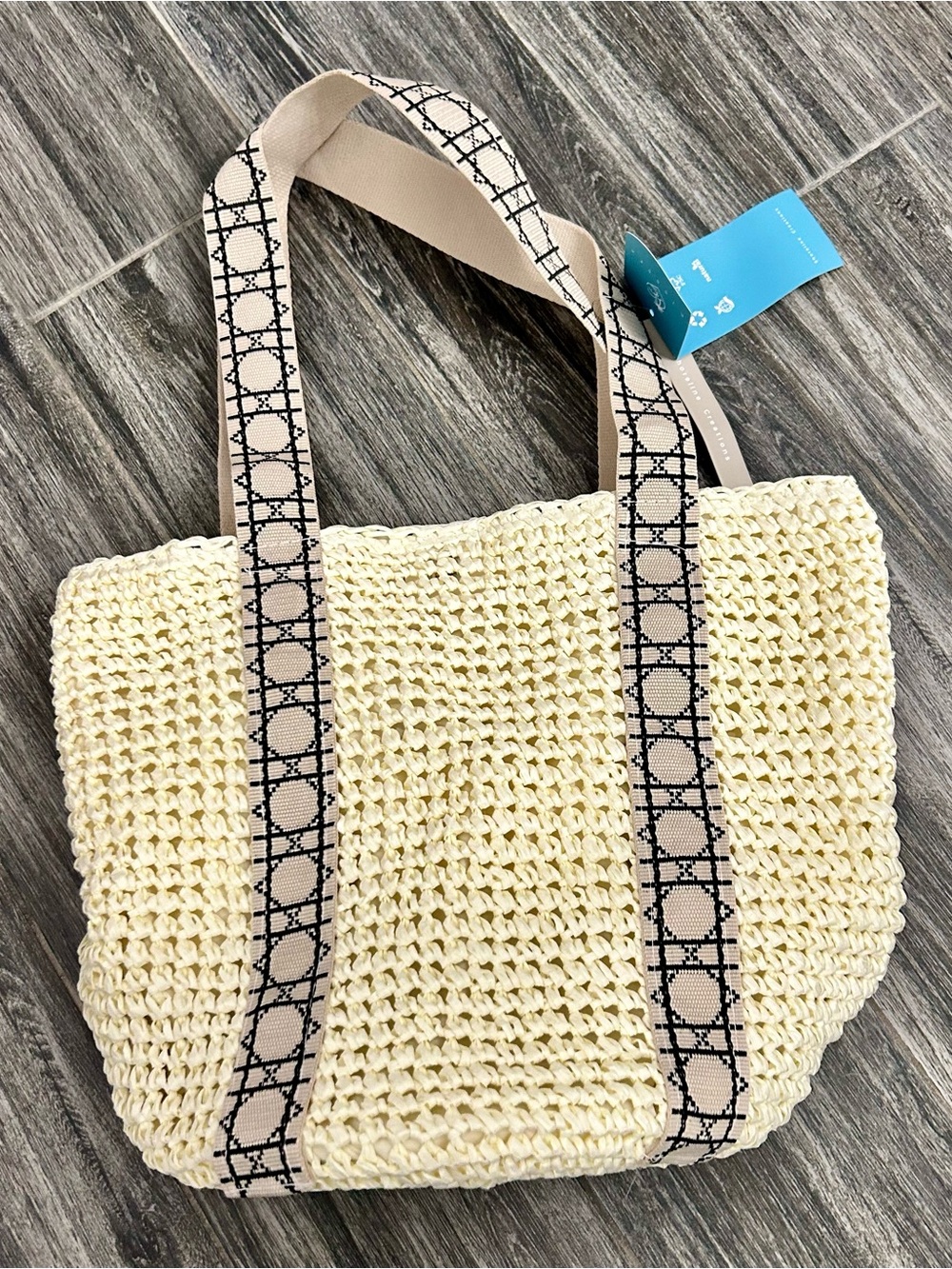 New Woven Straw Tote Bag with Patterned Webbing Straps - Cream boho